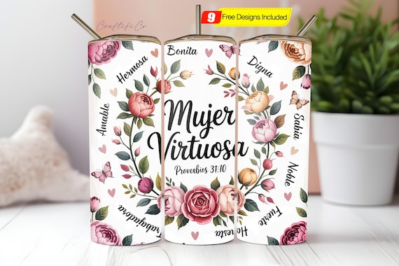 Mujer Virtuosa Envoltura De Vaso 20Oz Pink Spanish Virtuous Woman Tumbler Wrap Png 20 Oz Skinny Tumbler Sublimation Design Español Download
