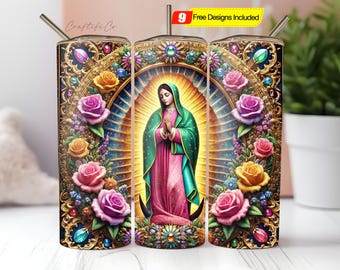 Virgen of Guadalupe 20oz beker wrap png digitaal ontwerp, Virgen de Mexico sublimatie, rozen beker, glitter beker latina, naadloos png