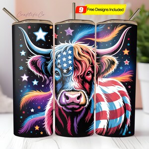 American Flag Highland Cow 20 oz Skinny Tumbler Sublimation PNG, Patriotic Tumbler Wrap, 4th of July Tumbler Png Digital Download