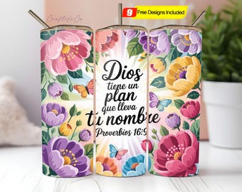 Spanish Bible Verse Tumbler Wrap PNG, Proverbios 16:9 Sublimation Design, 20oz Skinny Religious Versiculos en Español, Christian Faith