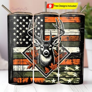 Vlag hertenjacht 20oz sublimatiebeker png-ontwerpen, camo-oranje 9,2 x 8,3&quot; rechte skinny bekeromslag, herenbeker