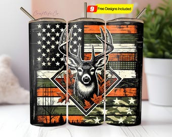 Deer Hunting Flag 20oz Sublimation Tumbler PNG Designs, Camo Orange 9.2 x 8.3” Straight Skinny Tumbler Wrap, Mens Tumbler