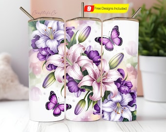 Envoltura para vaso con diseño de mariposa y flores moradas 3D PNG, descarga digital, diseño de vaso delgado y recto, diseños de vasos florales delgados para sublimación de 20 oz