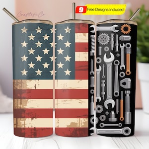 May include: Three stainless steel tumblers with straws. Two tumblers feature a distressed American flag design. The third tumbler has a black background with a pattern of wrenches, gears, and other tools. The text "9 Free Designs Included" is visible.