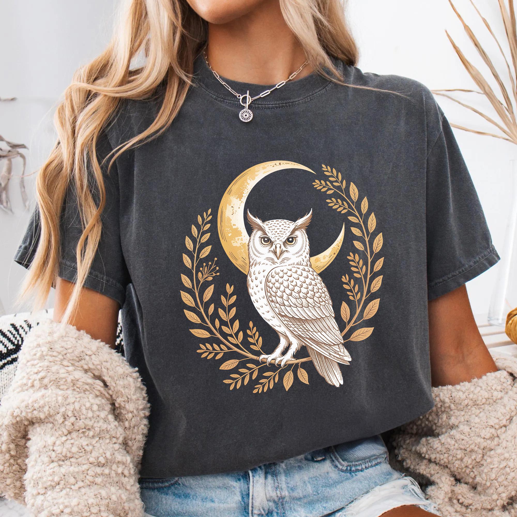 Celestial Cottagecore Barn Owl Moon Shirt, Woodland Nature Graphic Tee, Owl Comfort Colors Adult Uni