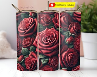 Vaso delgado de 20 oz con diseño de sublimación de rosa roja 3D, envoltura para vaso con rosas 3D, envoltura para vaso 3D, vaso floral PNG digital