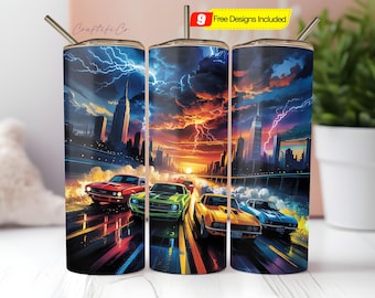 Muskelauto-Becherverpackung, Vintage-Auto-Sublimation, 20 Unzen gerader Becherverpackungsdesign, Oldtimer-Liebhaberbecher, Retro-Auto-Behälter PNG