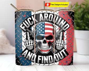 American Skull Flag 20 oz Skinny Tumbler Seamless Wrap Sublimation PNG, F Around and Find Out, 2nd Amendment Patriotic, Digital Download Png