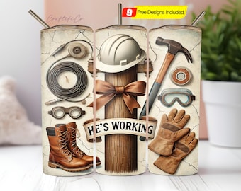 Lineman He's Working Tumbler Wrap PNG, Lineman Wife Girlfriend 20 Oz Skinny Tumbler Sublimation Design, Coquette Bow Tumbler PNG Download