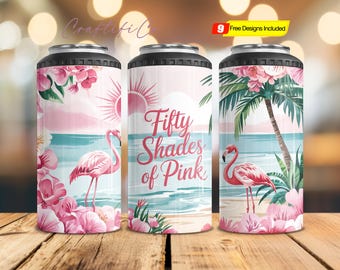 Design PNG per refrigeratore per lattine 4 in 1 Flamingo, Tumbler per lattine Summer 4 in 1 con stampa a sublimazione PNG, Download digitale istantaneo di refrigeratore per lattine da spiaggia in formato PNG