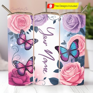 Butterfly Floral Personalized 20oz Skinny Tumbler Wrap with Add Text Option, Sublimation PNG Design, Digital Download