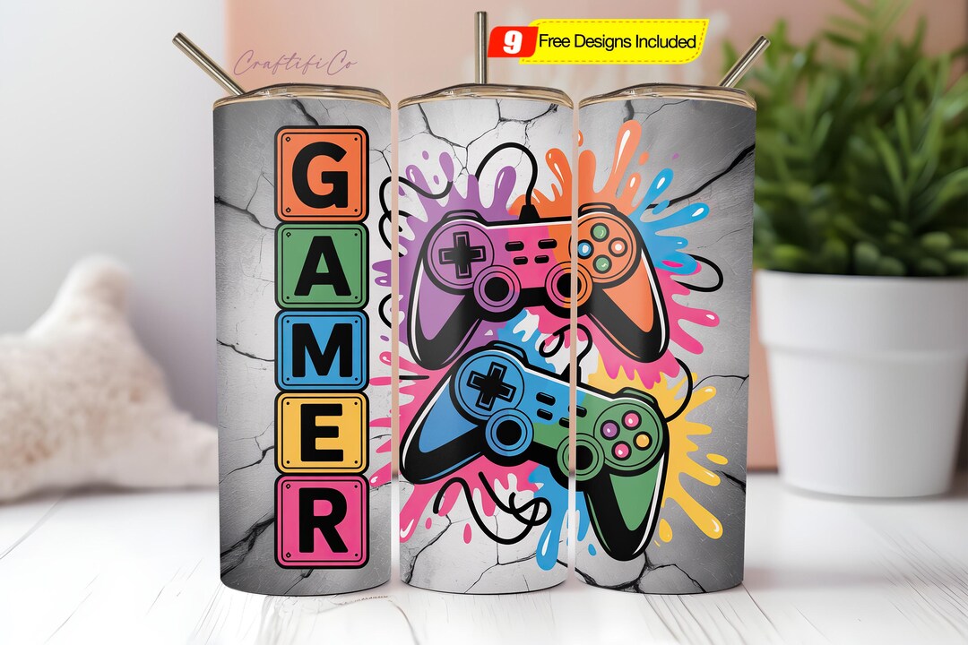 Gamer 20 Oz Skinny Tumbler Sublimation Design Neon Video Game ...