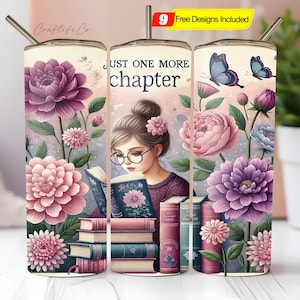 Books Tumbler Wrap, Just One More Chapter 20 Oz Skinny Sublimation Tumbler PNG, Pastel Book Lover Tumbler Design PNG Download
