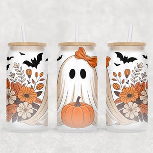 Autumn Pumpkin ghost 16oz Glass Cup Wrap PNG, Sublimation Design, 16oz Glass Cup, Fall Pumpkin, Autumn ghost, Trendy Png, Sublimate Design