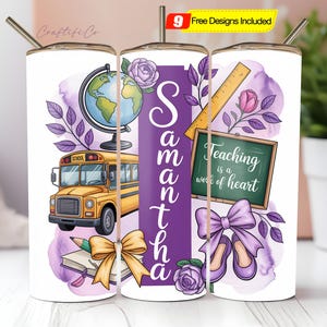 Teacher Tumbler Wrap Purple Coquette School PNG Custom name Sublimation Designs 20 oz Skinny Tumbler Png