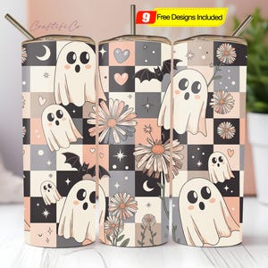 Retro Halloween Tumbler Wrap PNG 20oz Skinny Tumbler Sublimation Checkered Ghost Tumbler PNG Spooky Season Tumbler Pastel Halloween Autumn