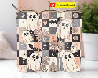 Retro Halloween Tumbler Wrap PNG 20 Unzen Skinny Tumbler Sublimation Karierter Geist Tumbler PNG Gruselige Saison Tumbler Pastell Halloween Herbst