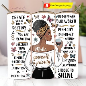 Love Yourself Black Woman Tumbler Wrap PNG, 20oz Skinny Tumbler Sublimation Design, Positive Affirmations Tumbler Wrap PNG Digital Download