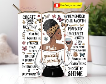 Love Yourself Black Woman Tumbler Wrap PNG, 20oz Skinny Tumbler Sublimation Design, Positive Affirmations Tumbler Wrap PNG Digital Download