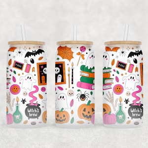 Spooky Cute Halloween Cup Wrap PNG, Witchy Iced Coffee Wrap, Kawaii Halloween Tumbler Wrap, Cute Ghost Glass Can Wrap, Bookish Ghost PNG