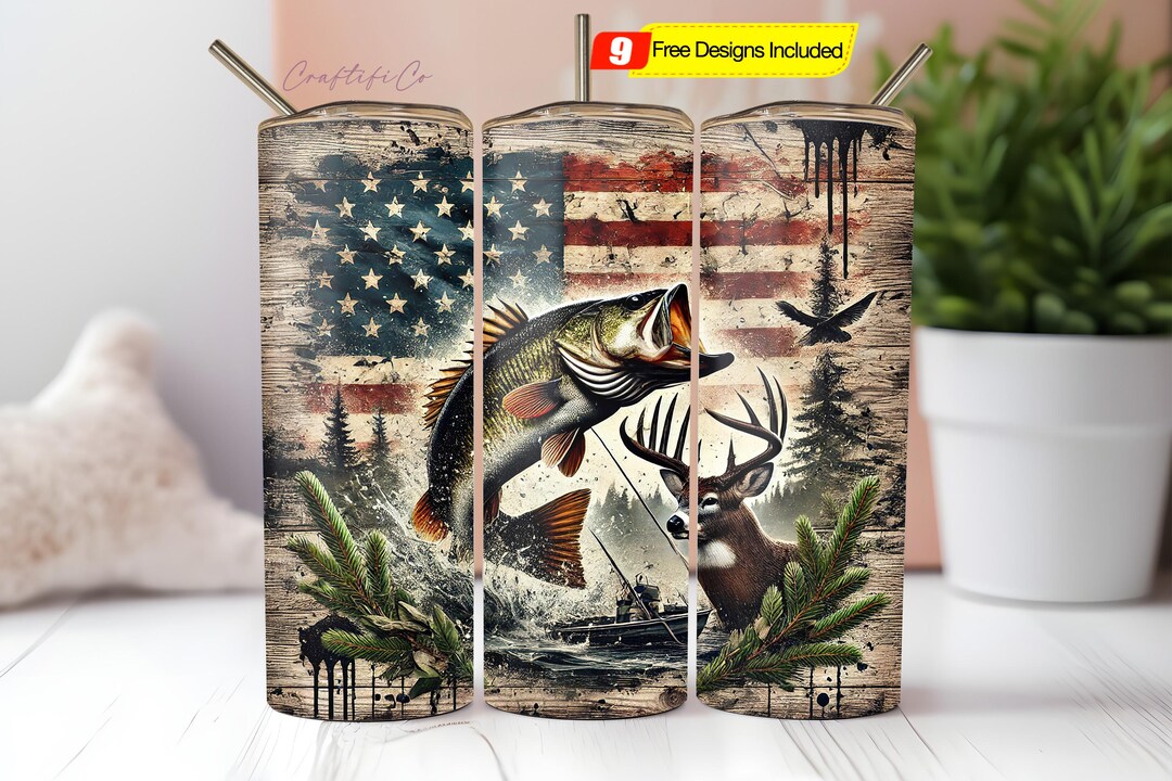 American Flag Bass Fishing Deer Tumbler Wrap 20oz Skinny Tumbler ...