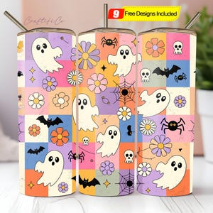 Retro Halloween Tumbler Wrap PNG, 20oz Skinny Tumbler Sublimation, Checkered Ghost Tumbler PNG, Spooky Season Tumbler, Pastel Halloween