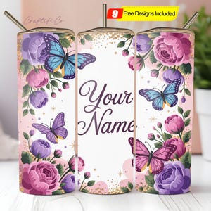 Add Name Butterfly Floral Personalized 20oz Skinny Tumbler Wrap Add Text PNG Sublimation Designs Download Png