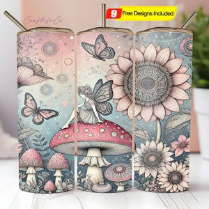 Fantasy Mushrooms Tumbler Wrap, Magical Fairy 20 Oz Skinny Sublimation Tumbler PNG, Mushroom Mandala Forest Tumbler Digital Download