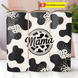 Tumbler da 20 once in pelle di mucca con design retrò, tumbler dritto e sottile con glitter Mama PNG, design digitale PNG