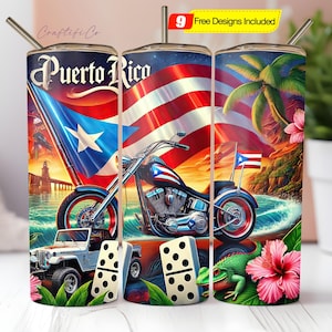 Può includere: Un bicchiere in acciaio inossidabile con un design vibrante con la scritta "Puerto Rico", una moto, la bandiera portoricana, una jeep, domino e uno scenario tropicale. Include una cannuccia e un coperchio.