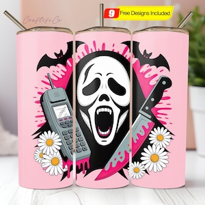 Envoltura para vaso de 20 oz de GF Daisy Horror Killer Spooky Pink, descarga digital PNG