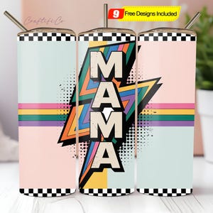 Mama Checkered Lightning Tumbler PNG Print Files for 20 oz Sublimation Tumbler, Vintage, Tumbler Wrap, 90&#39;s, Colorful, Cup PNG, Retro
