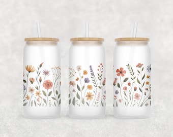 Wildflower Iced Coffee Glass Tumbler PNG, Cottagecore Floral Glass Can With Lid, Flower Coffee Cup For Women Gift For Coffee Lover 16oz