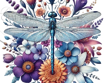 Watercolor Dragonfly Floral Clipart Sublimations Bundle, Insect PNG Clipart, Decorative Collection, Dragonflies Card Making Invitation PNG