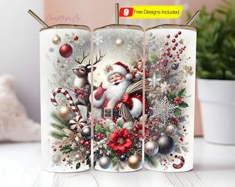 May include: A set of three white insulated tumblers with a festive Christmas design. Each tumbler features a different winter scene with Santa Claus, a reindeer, candy canes, ornaments, and snowflakes. The tumblers have a silver straw and the text "Craftiful Co".