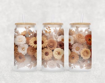 Boho Flowers 16oz Libbey Glass Can Sublimation Design, Floral and ...