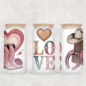Cowgirl Country Libbey Glass Wrap PNG, Valentine&#39;s Day 16 Oz Glass Can Wrap, Boots Hearts Glass Tumbler Wrap, Glass Can Sublimation Wrap