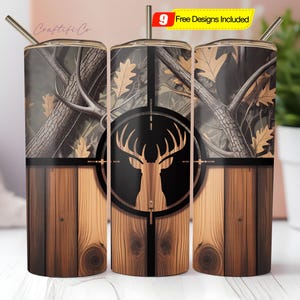 Camo Deer Hunting 20oz Sublimation Tumbler Designs PNG, Woodgrain Man 9.2 x 8.3” Straight Skinny Tumbler Wrap PNG