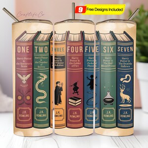 May include: A stainless steel tumbler featuring a design of seven "Harry Potter" book spines. Each book spine is a different color and has the book title and author's name. The tumbler has a silver straw and the text "Craftifi Co" is visible.