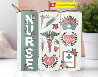 Floral Nurse Tumbler Wrap PNG, Coquette 20 oz Skinny Tumbler Sublimation Design for Healthcare Workers, Digital Download