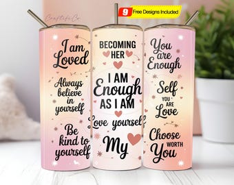 Pink Self Love Affirmation 20oz Skinny Tumbler Sublimation Design, Positive Quotes Tumbler Wrap, Self Care Valentine PNG, Digital Download