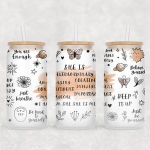Daily SHE IS Affirmation 16oz Libbey Glass Can Tumbler Sublimation PNG Design, Daily Affirmation Wrap, Self Love Wrap, Png Digital Download