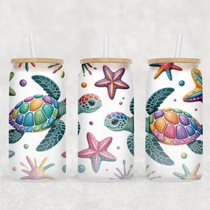 Turtles 16oz glass can sublimation design Summer Sea life Animal Starfish Glass can wrap PNG Digital download