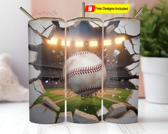 May include: A baseball-themed tumbler with a striking design. The image features a baseball bursting through a cracked wall, revealing a stadium scene. The tumbler includes a straw and the text "Craftiful Co."