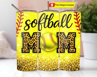 Envoltura para vaso de 20 oz de mamá de softbol, descarga digital con purpurina de leopardo