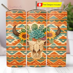 Boho Aztec 20oz tumbler wrap, 20 oz Western Bull Skill sublimation design, Rustic Watercolor Cactus Tribal Pattern Tumbler Png Download