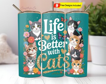 Floral Cat Tumbler Wrap PNG, 20oz Skinny Sublimation Tumbler Design, Cat Lover Sublimation Design Png, Seamless Cute Pet Tumbler Download