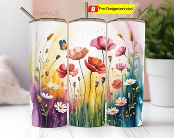 Diseño de sublimación de vaso delgado de 20 oz con flores de campo, diseño floral digital sin costuras PNG, envoltura recta, descarga digital de tobogán de agua