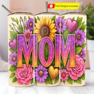 Sunflowers Mama Tumbler Wrap 20 oz Skinny Tumbler Mama Sublimation Design Glitter Leopard Mom Life Seamless Mother&#39;s Day Tumbler PNG