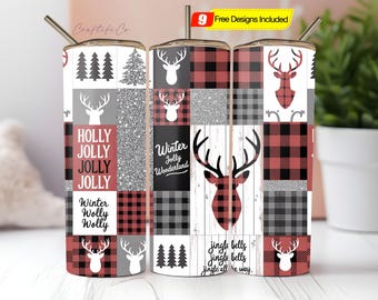 Buffalo plaid deer Christmas glitter Tumbler Designs, 20oz Skinny straight Tumbler Wrap, Tumbler sublimation Template PNG Digital Download